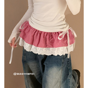 百搭叠穿半身裙下摆裙帘 春时尚 红色蕾丝边格子屁帘短款 女2026新款