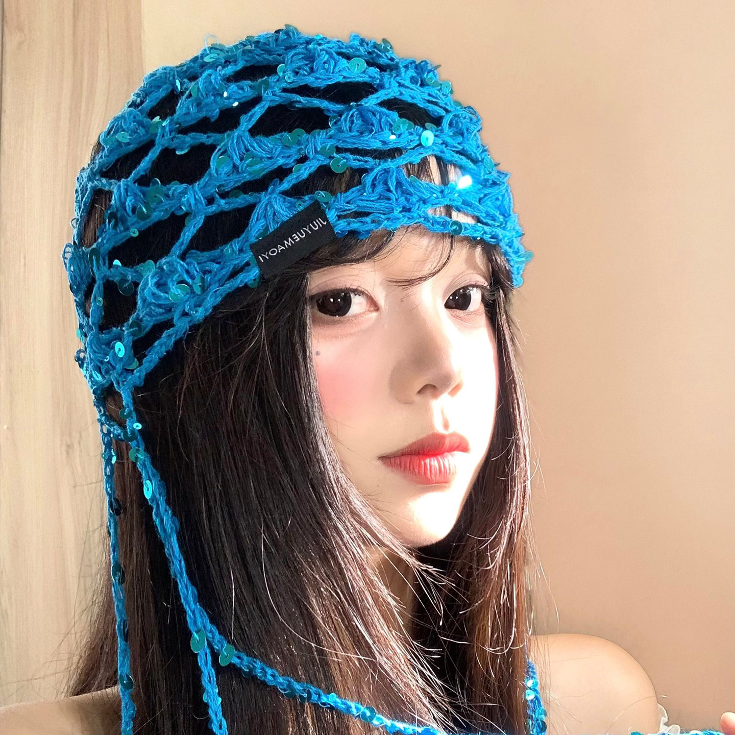 镂空亮片钩织包头帽女夏季薄款图片