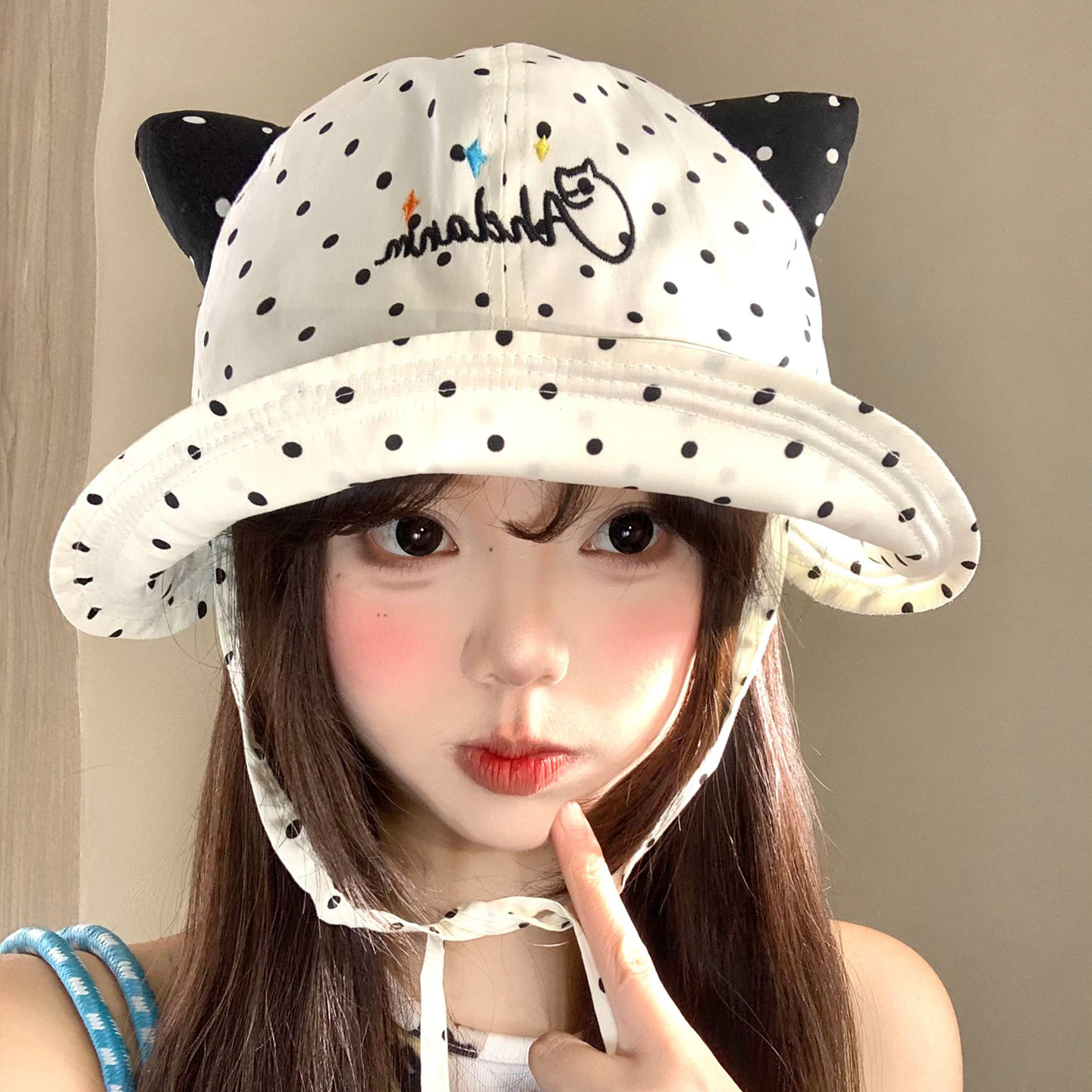 甜美波点猫耳朵渔夫帽女春夏季薄款透气时尚显脸小百搭遮阳盆帽子