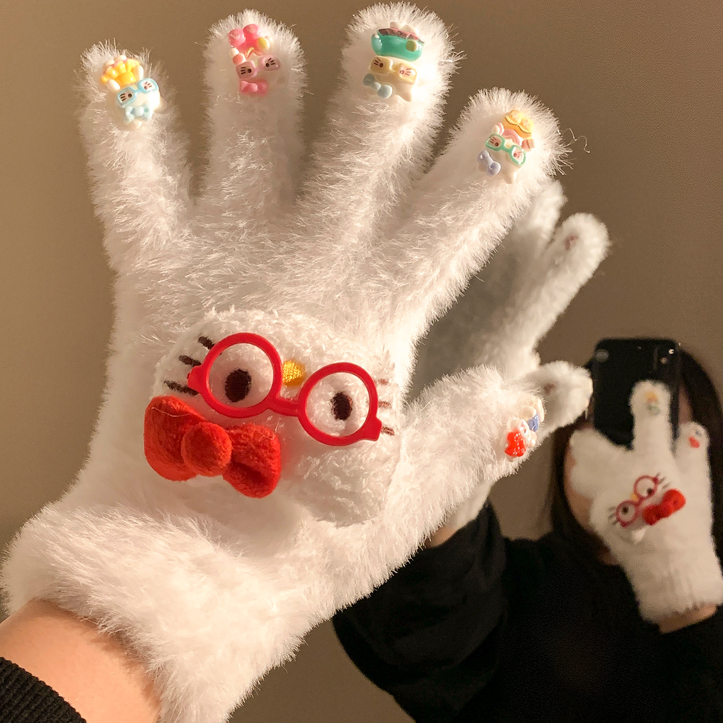 白色可爱眼镜Kitty猫毛绒针织手套女秋冬季保暖防寒骑行五指分指