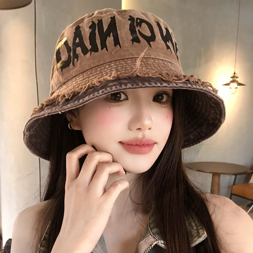 做旧字母毛边牛仔渔夫帽女大帽檐