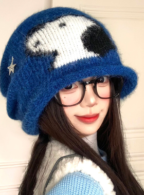 蓝色星星小狗卷边针织堆堆帽女