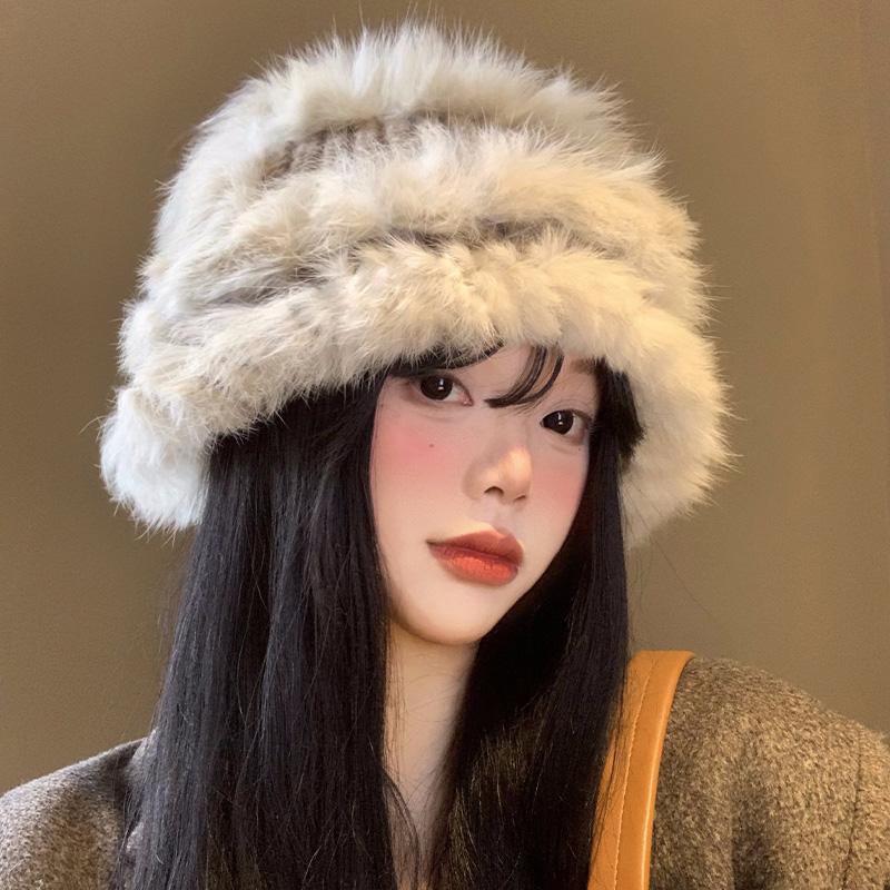 兔毛针织毛绒帽女秋冬季韩版