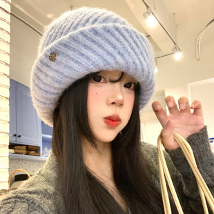 蓝色针织帽女秋冬季 韩系百搭显脸小毛线帽大头围保暖防寒护耳帽子