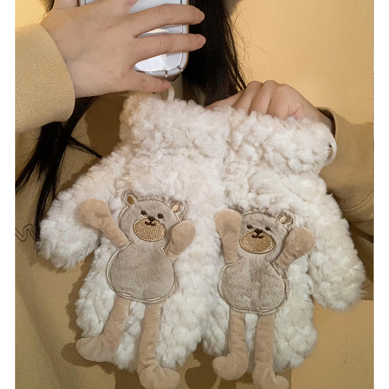 小熊毛绒手套女冬季可爱加绒加厚防寒保暖毛茸茸连指挂脖学生骑车