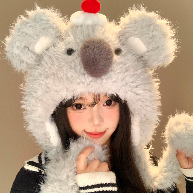 耳朵会动的考拉帽子加绒加厚保暖