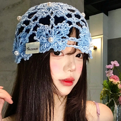 手工编织镂空珍珠花朵包头帽女夏