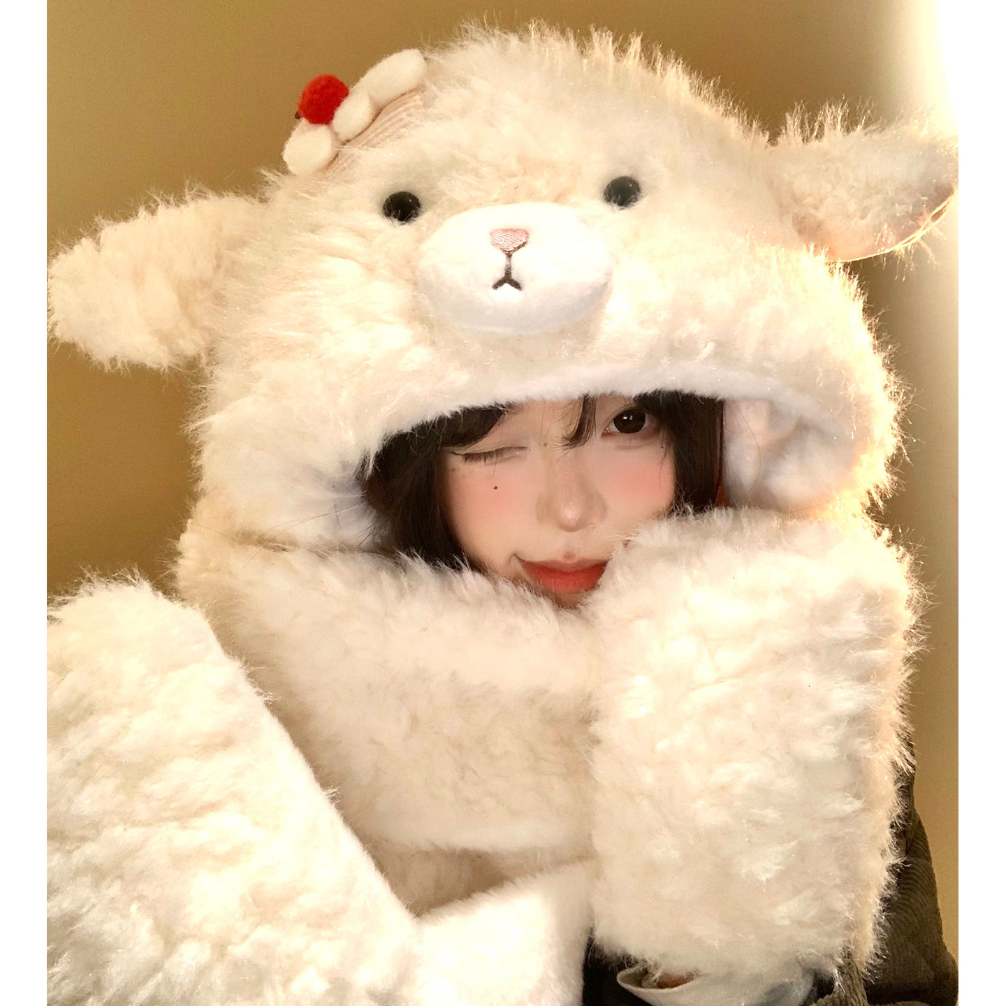 可爱花朵小羊毛绒帽子围巾一体女