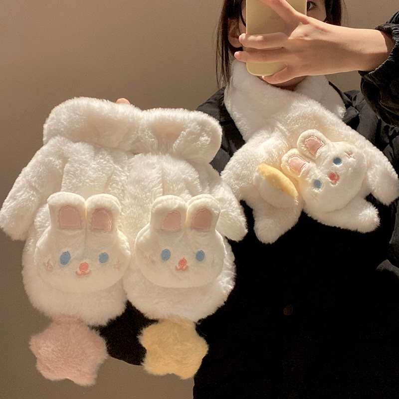 可爱星星兔子毛绒手套女冬季骑车