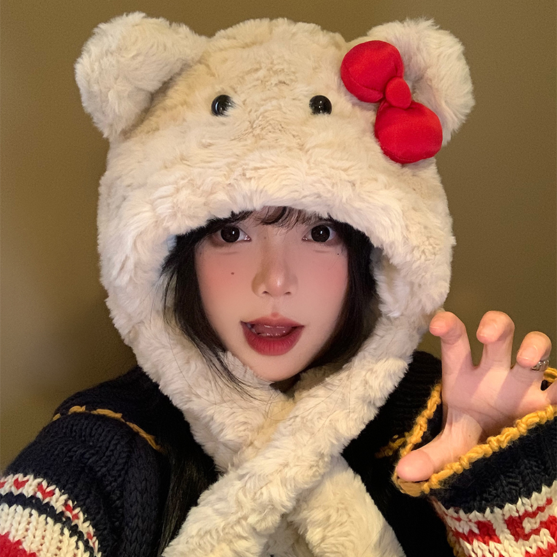 蝴蝶结可爱小熊毛绒帽子围巾一体