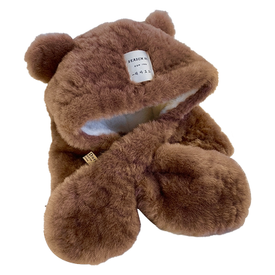 可爱毛绒小熊帽子围巾一体