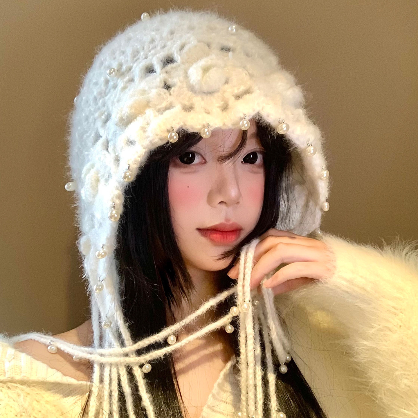 手工钩花珍珠流苏针织包头帽女秋冬季韩系显脸小保暖护耳毛线帽子,服饰配件/皮带/帽子/围巾,帽子,淘宝优惠券,粉丝福利购,淘宝优惠卷