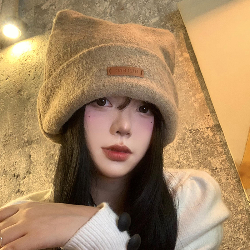 可爱猫耳朵咖色堆堆帽显脸小冷帽
