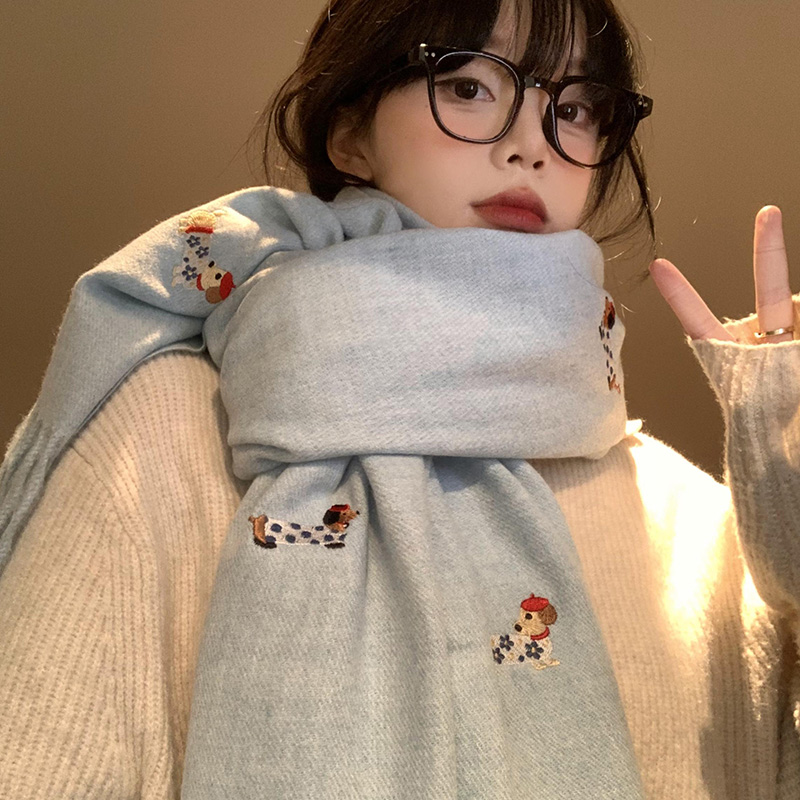 腊肠狗仿羊绒蓝色围巾女