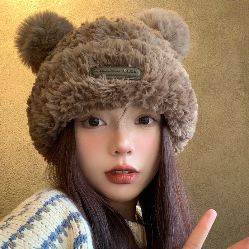 可爱小熊毛线帽女秋冬季韩版显脸小保暖针织帽大头围护耳毛绒帽子