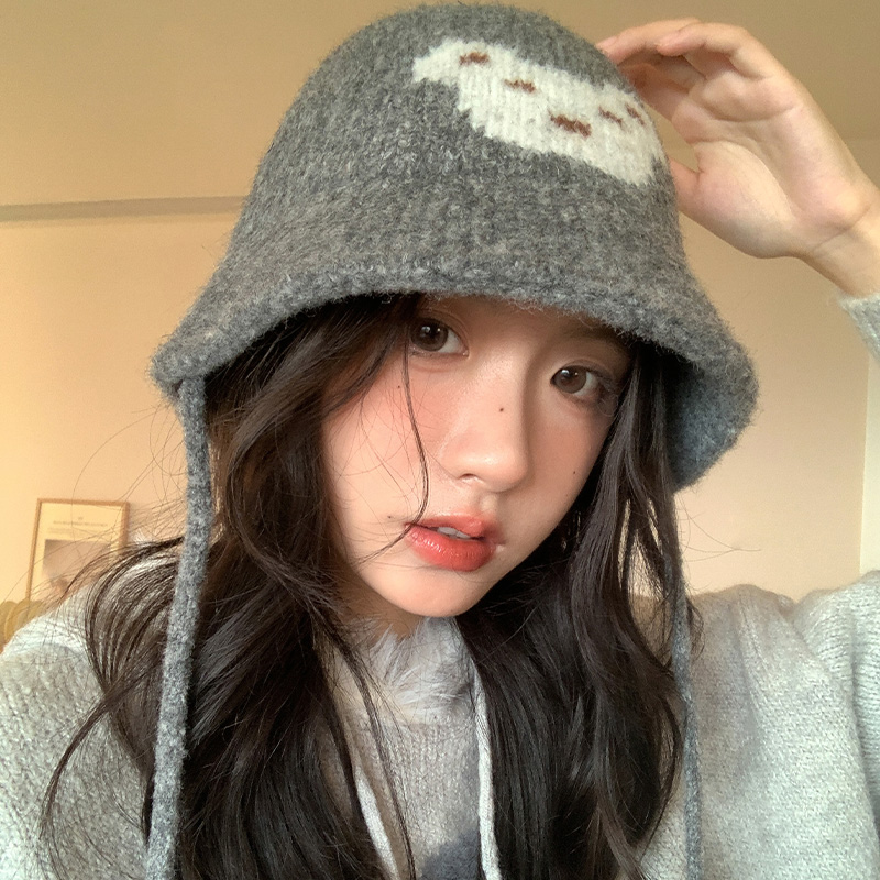 可爱小熊绑带针织渔夫帽女冬季