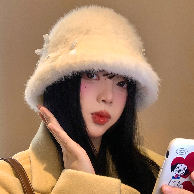 兔毛蝴蝶结毛绒渔夫帽女秋冬季