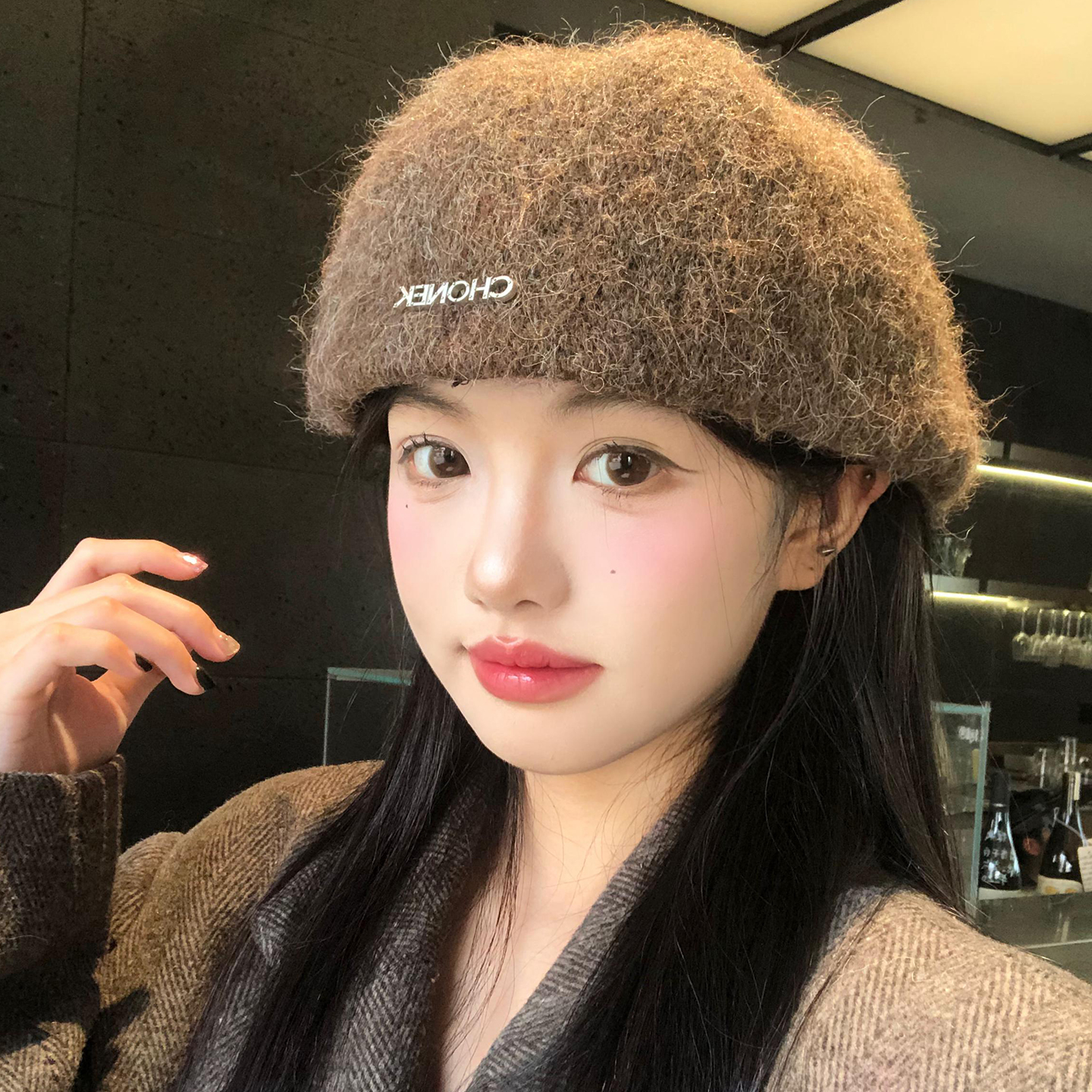 正反两戴~咖色针织贝雷帽美拉德