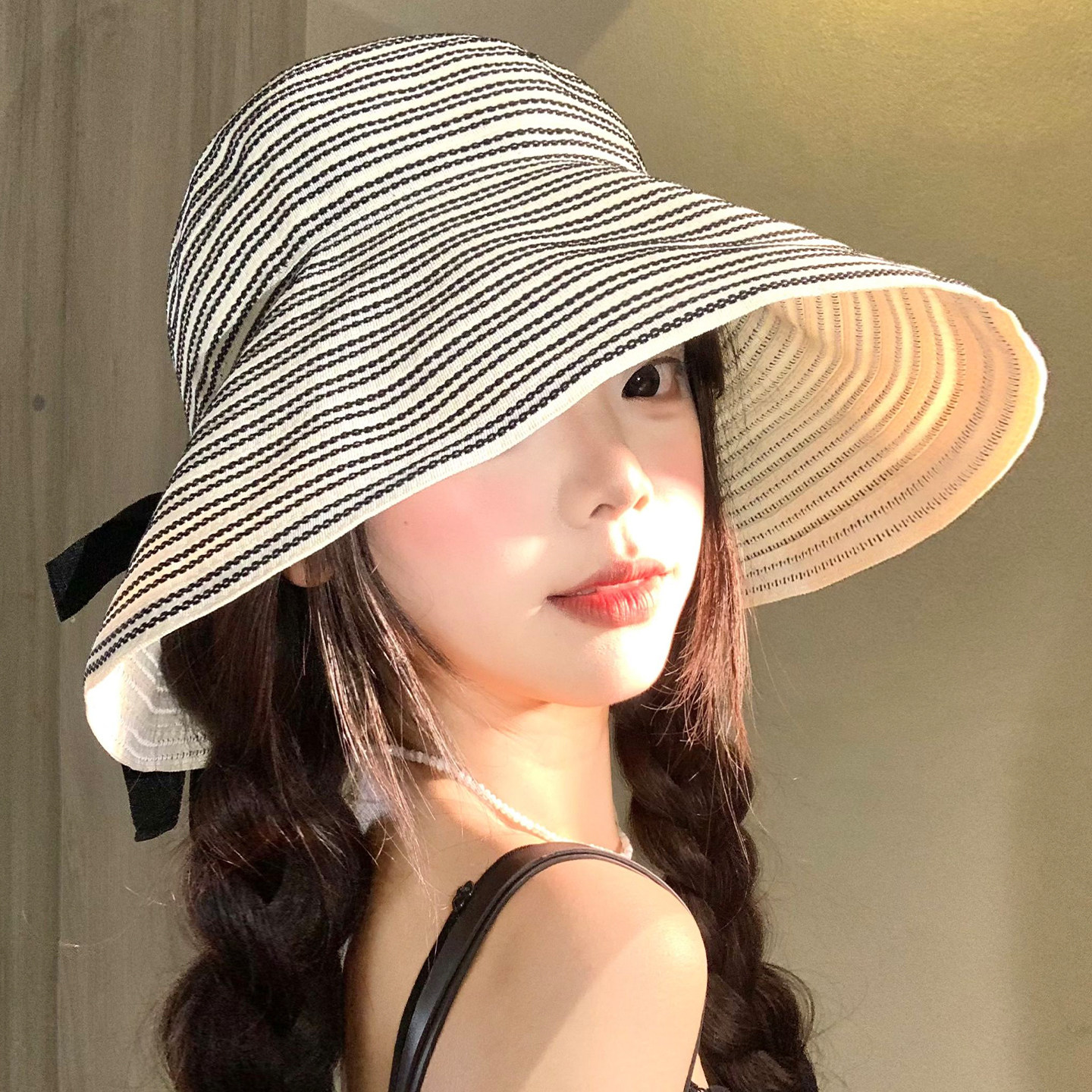 条纹绑带渔夫帽女夏季薄款大帽檐图片