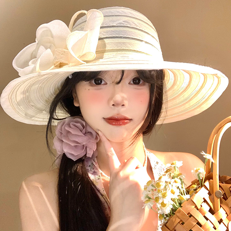 大花朵法式礼帽女夏季薄款网纱