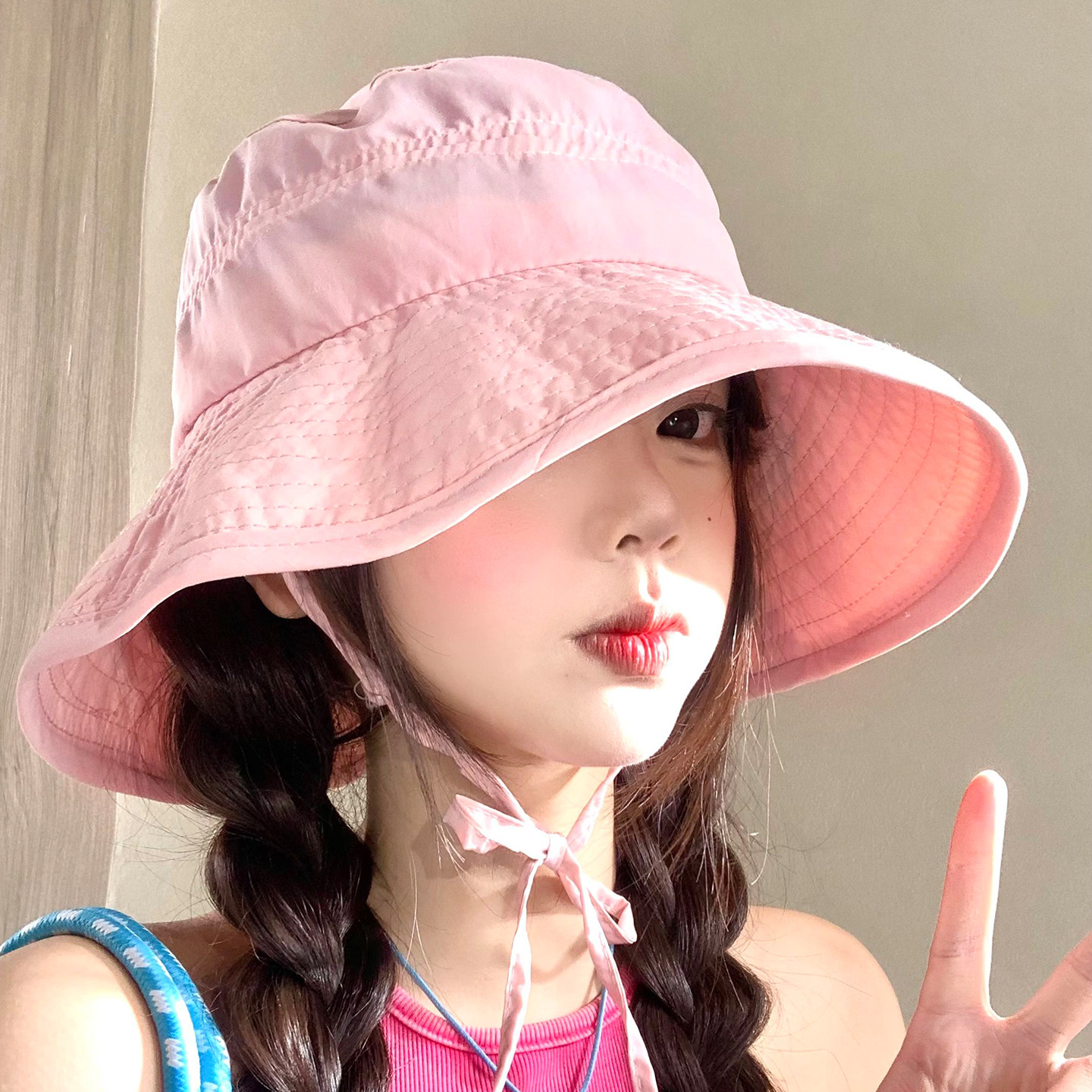 韩系简约粉色速干渔夫帽子女夏季2026新款透气显脸小防晒遮阳盆帽