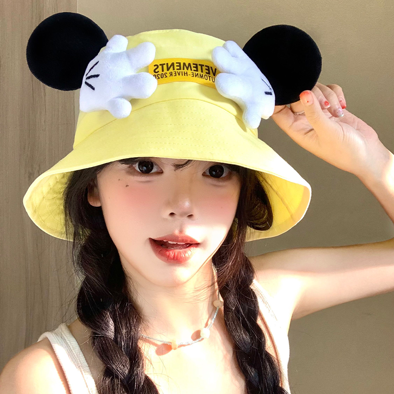 可爱米奇小手渔夫帽女夏季薄款显脸小遮阳防晒帽子卡通黄色盆帽潮
