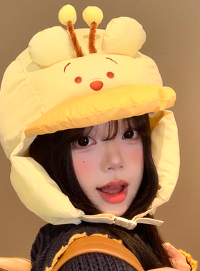 可爱蜜蜂小熊护耳雷锋帽女秋冬季显脸小加厚保暖防寒黄色飞行帽子