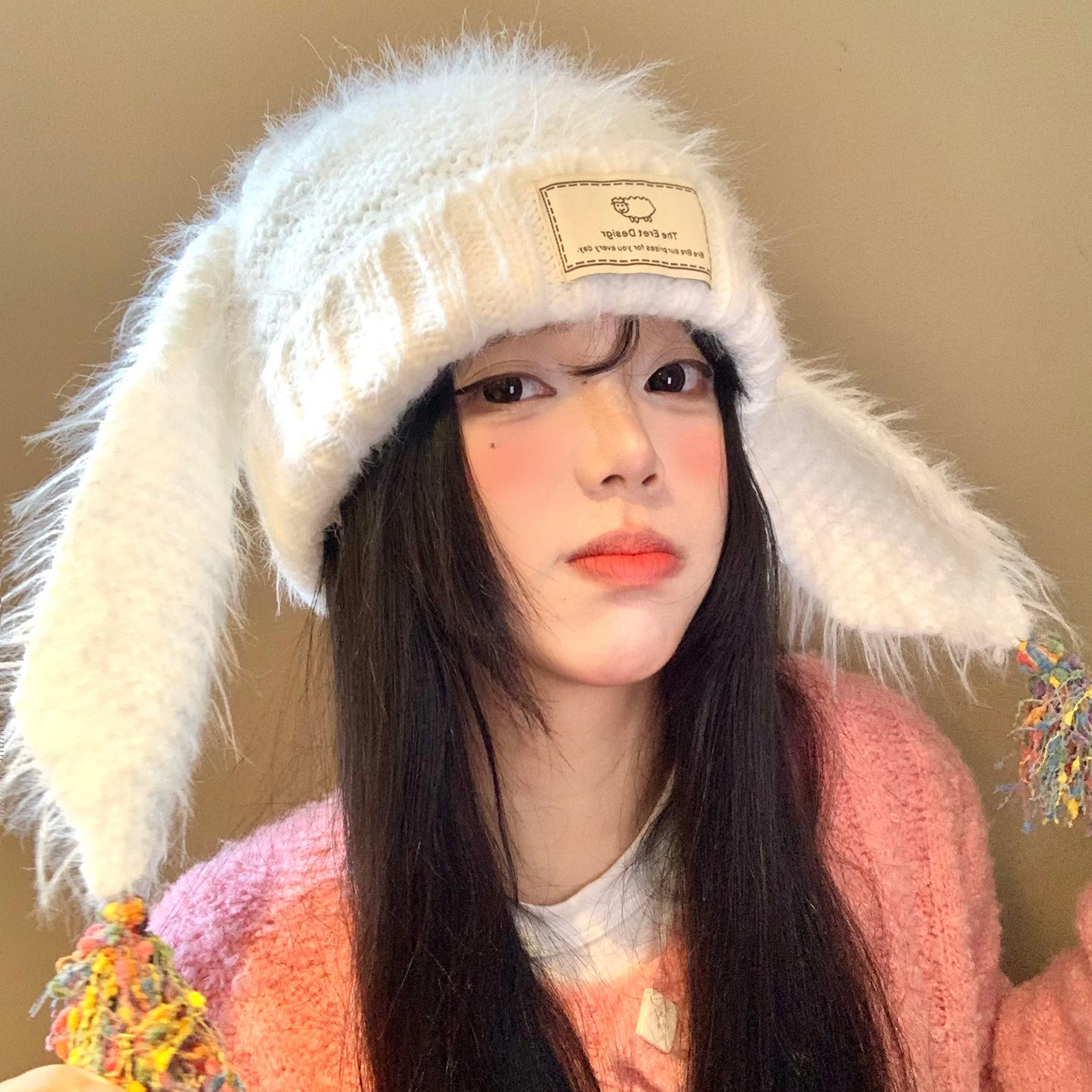 可爱兔耳朵毛线帽子女秋冬显脸小