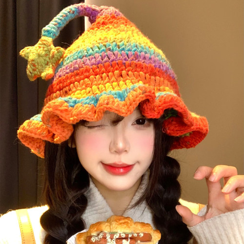 可爱彩虹色星星荷叶边精灵帽女