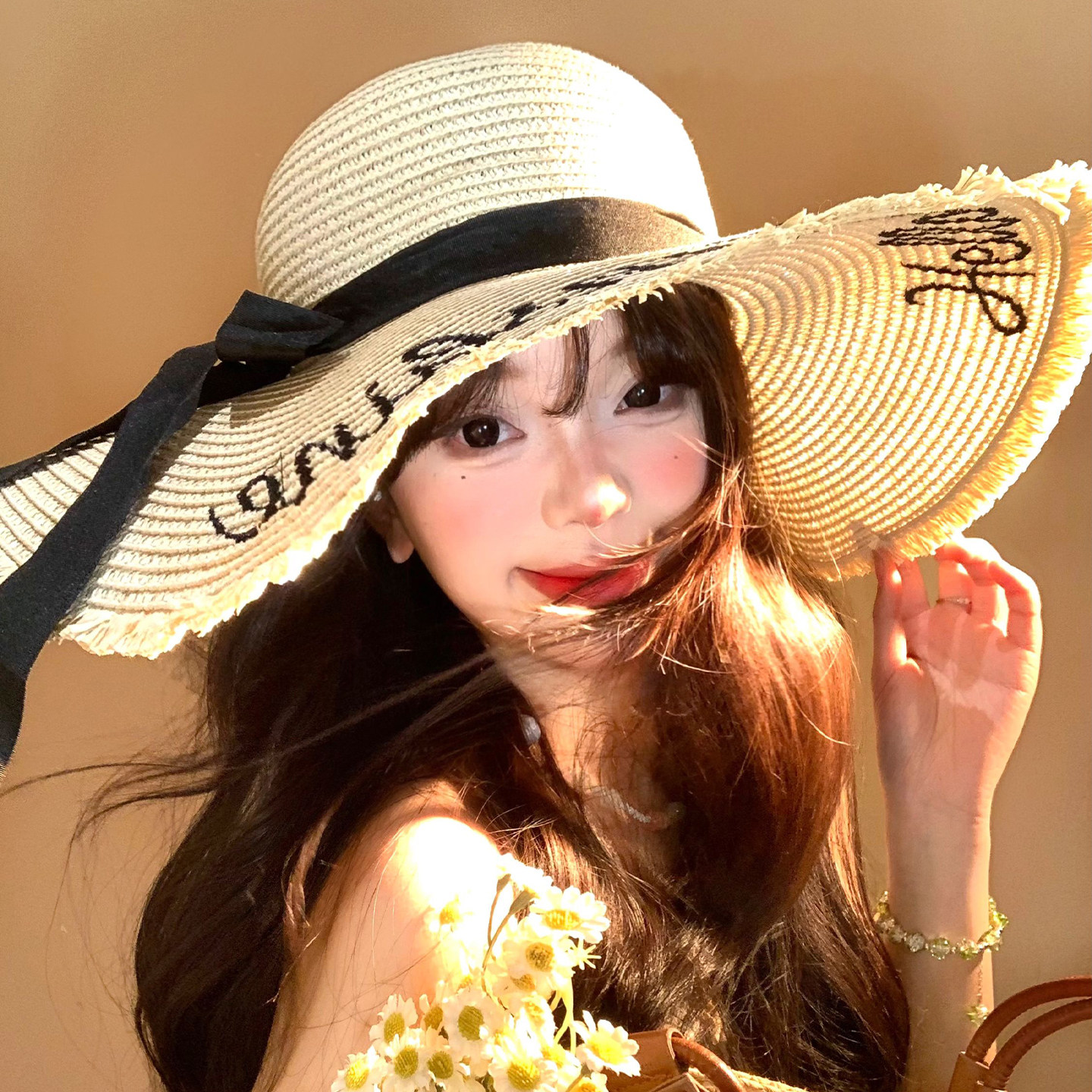 蝴蝶结字母大帽檐草帽女夏季海边度假遮阳防晒帽法式沙滩太阳帽子,服饰配件/皮带/帽子/围巾,帽子,淘宝优惠券,粉丝福利购,淘宝优惠卷