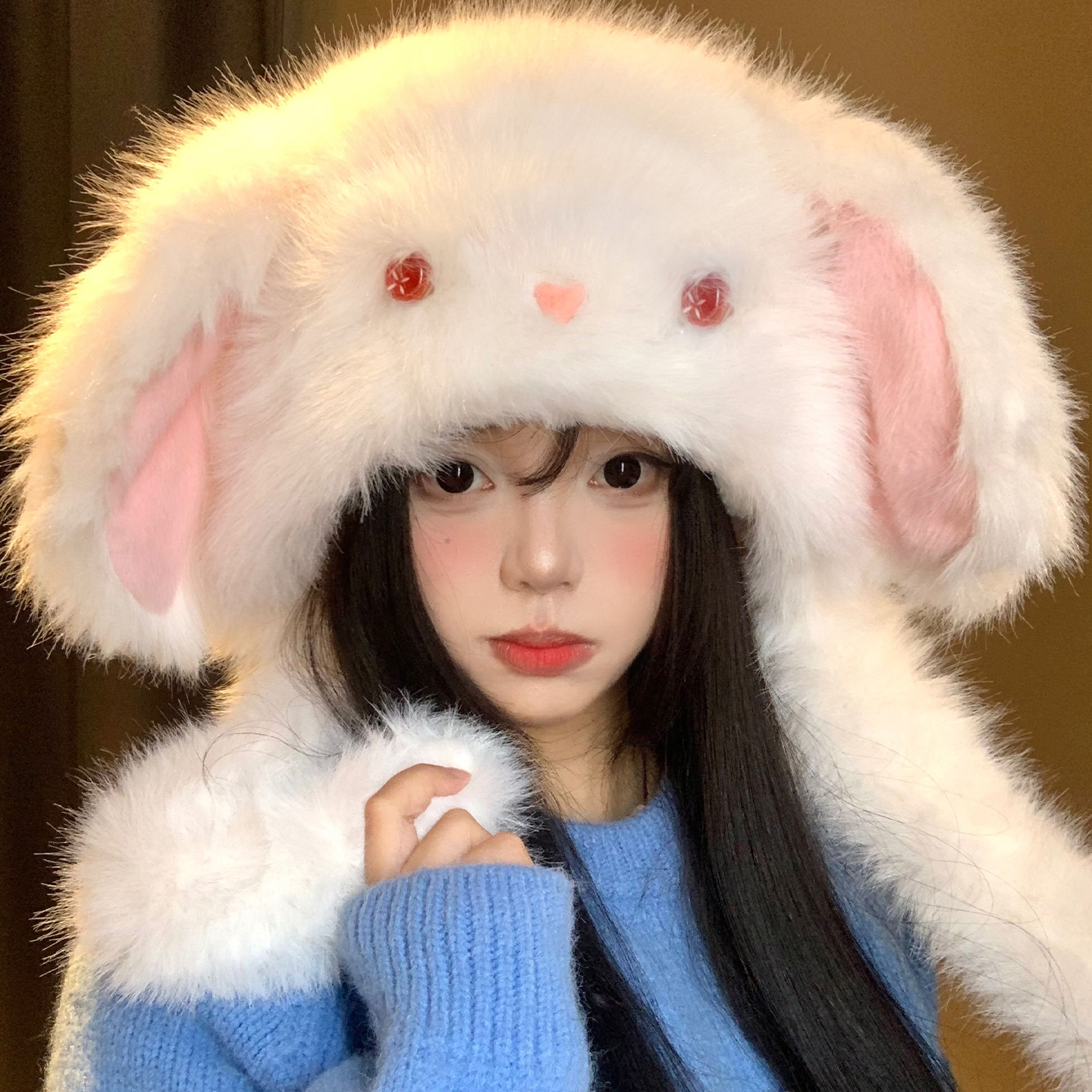 耳朵会动的~可爱兔耳朵毛绒帽子