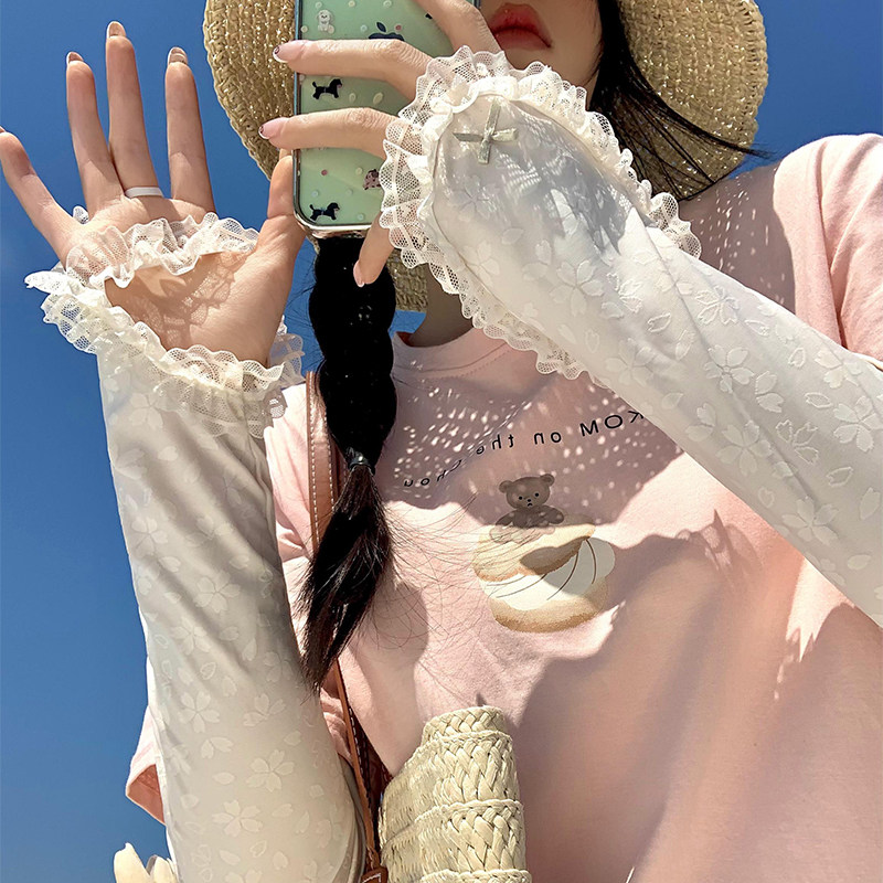 蕾丝花边白色宽松防晒袖套女夏季防紫外线遮阳开车骑行冰丝冰袖