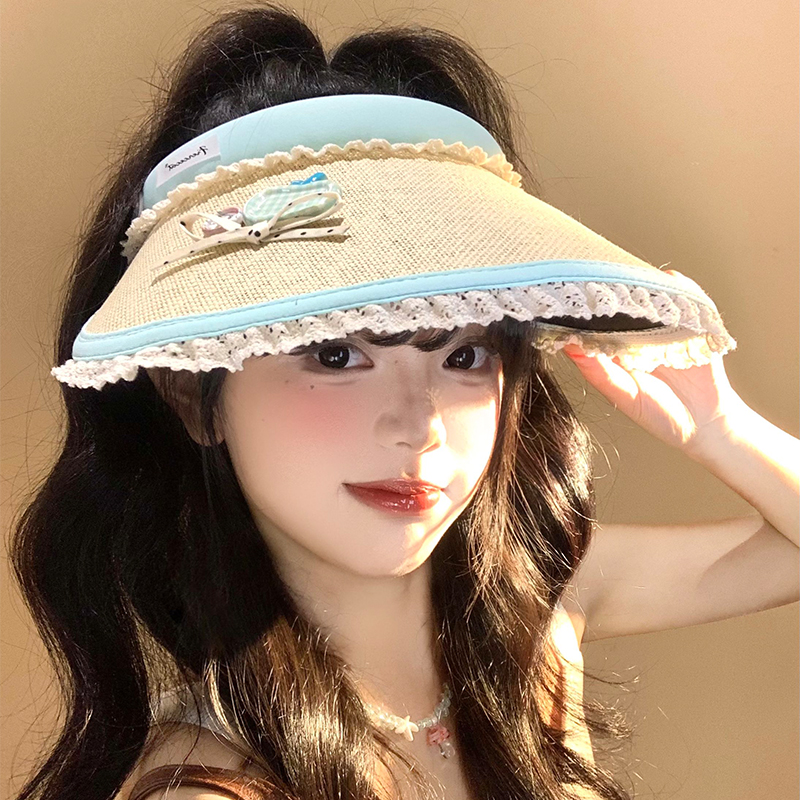 可爱蝴蝶结纽扣空顶防晒帽女夏季大帽檐遮阳草帽防紫外线太阳帽子