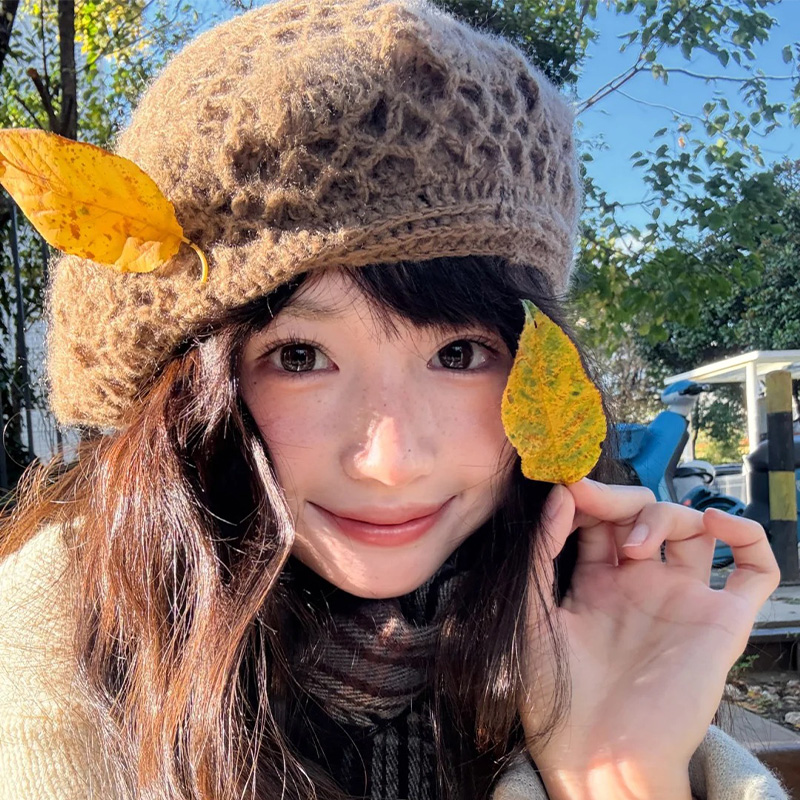 章若楠同款双层钩花针织贝雷帽女