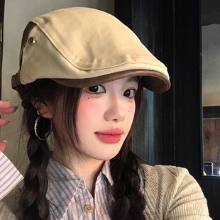 简约复古前进帽女春秋款日系百搭显脸小反戴贝雷帽大头围报童帽子