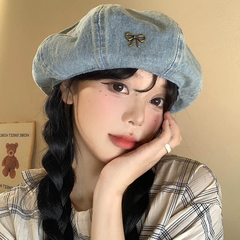 蝴蝶结水洗牛仔贝雷帽