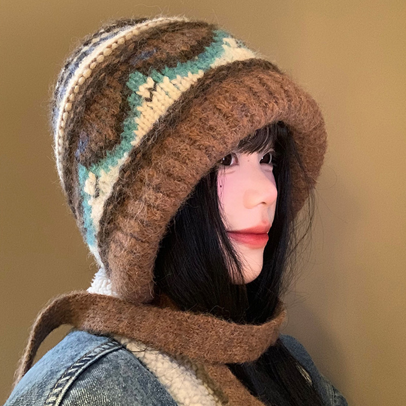 费尔岛风咖色针织帽女冬季