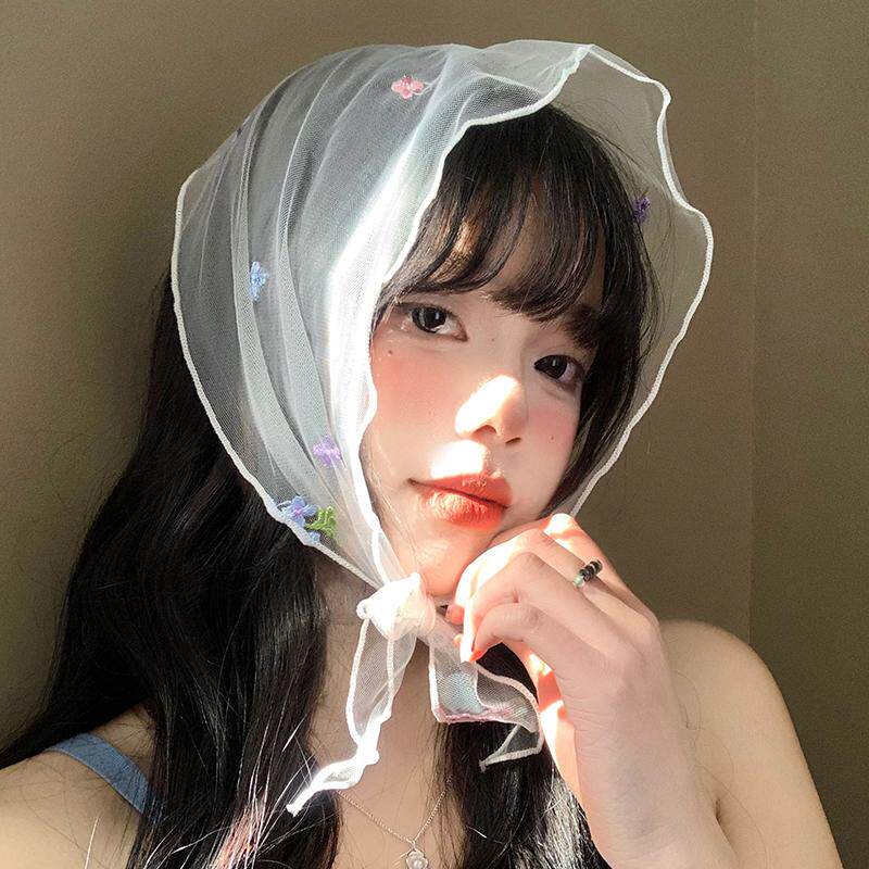 花朵刺绣蕾丝头巾女春夏季法式复古高级感白色三角巾包头丝巾头饰