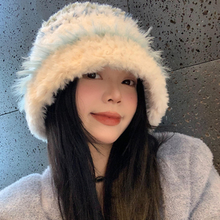 加厚毛绒绒针织帽子女秋冬款 显脸小保暖毛线帽大头围护耳帽潮 韩版