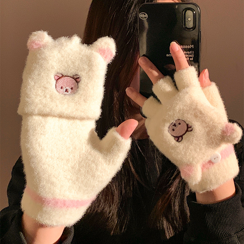 可爱小熊翻盖半指毛绒针织手套女