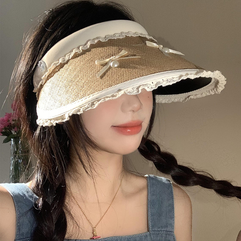 蕾丝蝴蝶结黑胶空顶草编帽女夏季大帽檐防晒帽户外遮阳太阳帽子潮