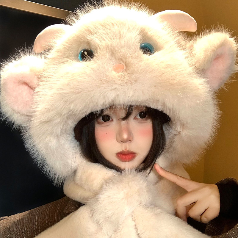 耳朵会动的小羊毛绒帽子围巾一体
