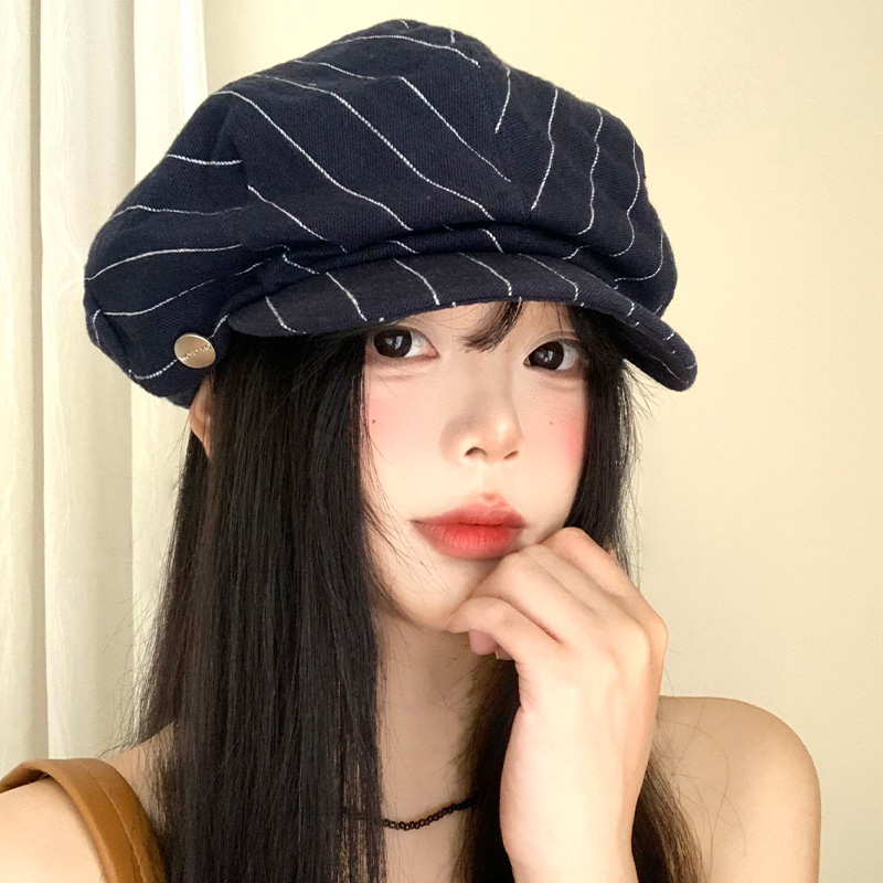 秋冬新款条纹贝雷帽女百搭显脸小八角帽大头围报童画画0906z