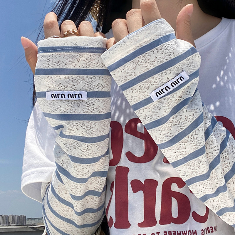 条纹蕾丝防晒袖套女夏季防紫外线透气宽松骑行开车护手臂遮阳冰袖
