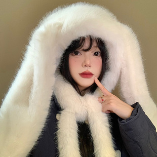 可爱兔子耳朵毛绒帽女冬季显脸小护耳帽加绒加厚保暖防寒雷锋帽子