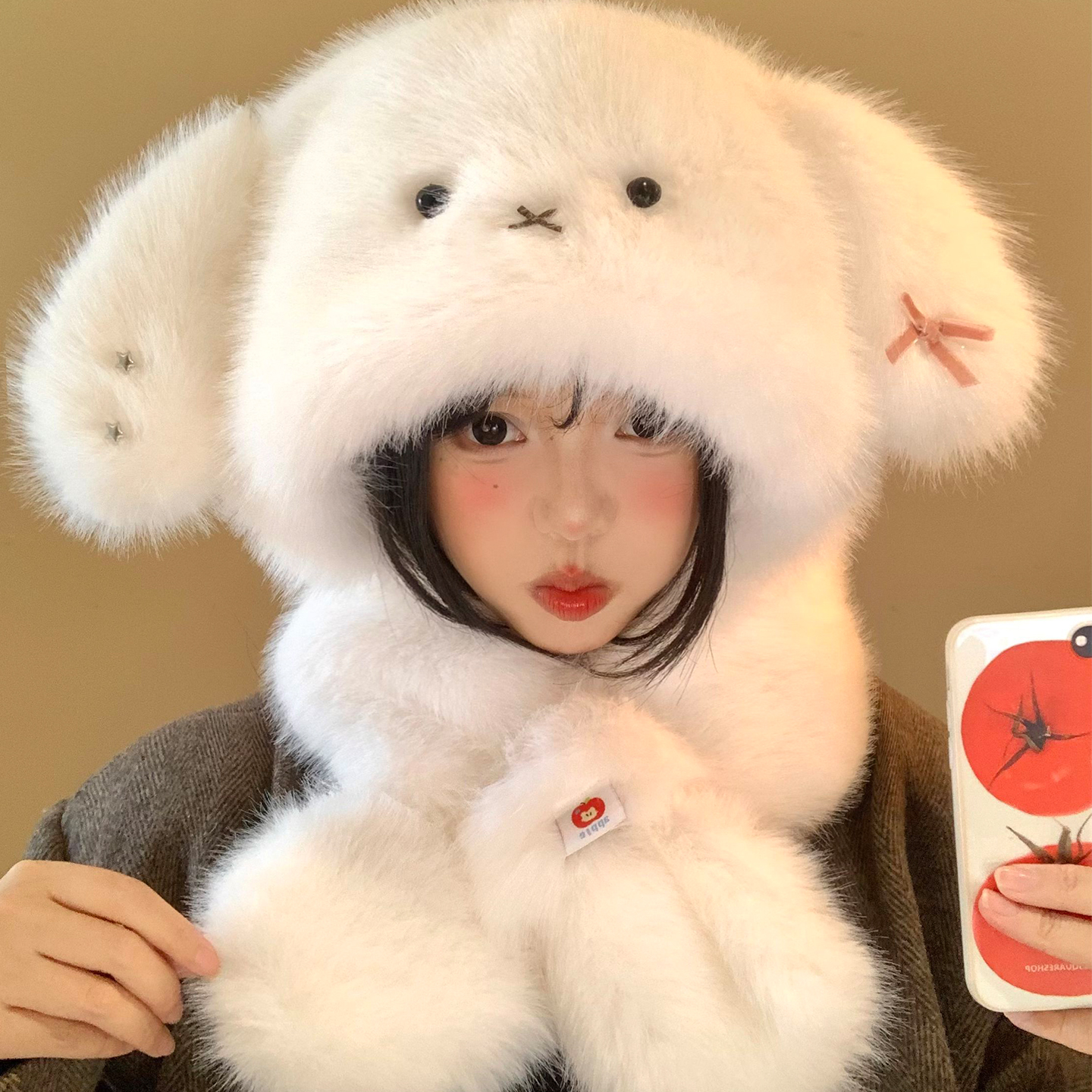 可爱小兔耳朵帽子围巾一体女保暖