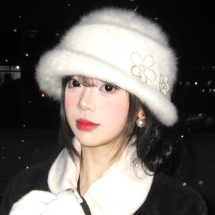 白色花朵兔毛礼帽女冬法式赫本风气质毛绒贝雷帽保暖留洋千金帽子