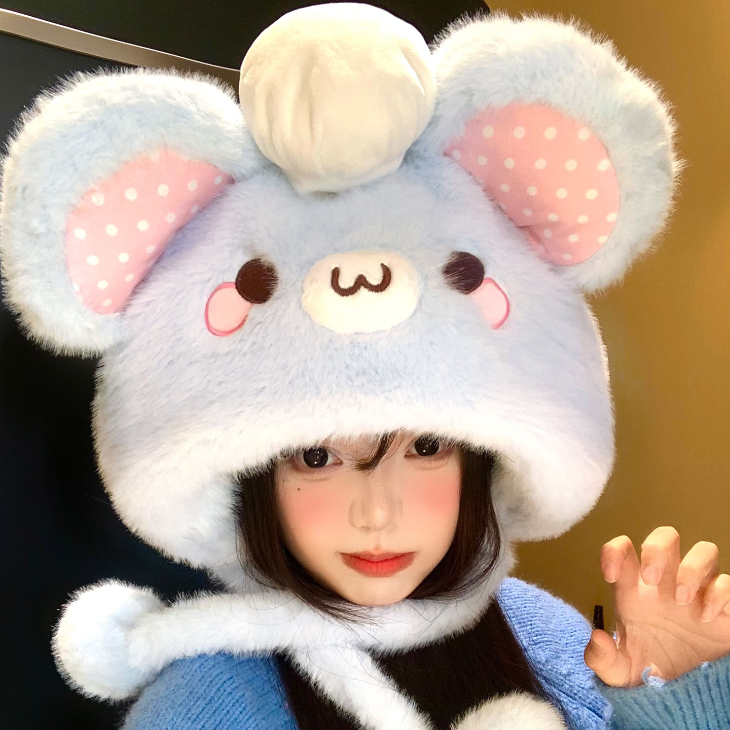 可爱厨师鼠毛绒帽女冬卡通显脸小