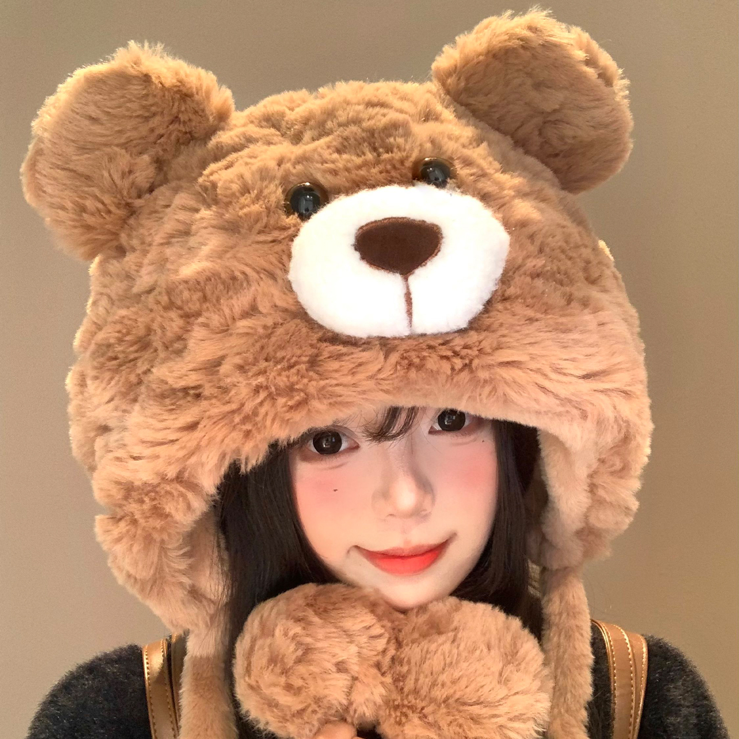 可爱小熊毛绒帽子女帽子围巾一体