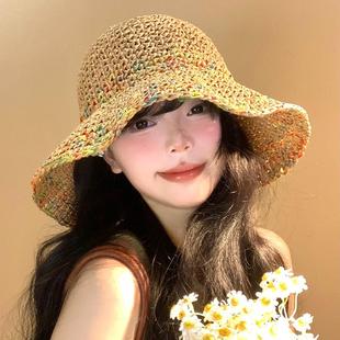 彩色镂空草帽女夏海边沙滩度假遮阳防晒帽法式 大帽檐编织太阳帽子